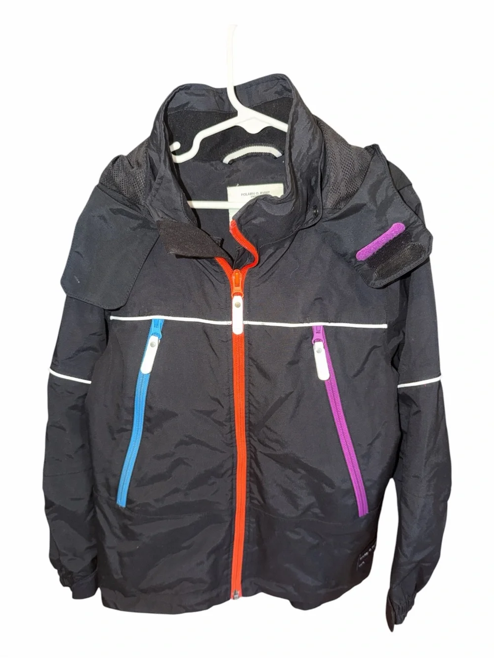 Polarn O. Pyret Black Kids Raincoat with Orange, Blue & Purple Zippers